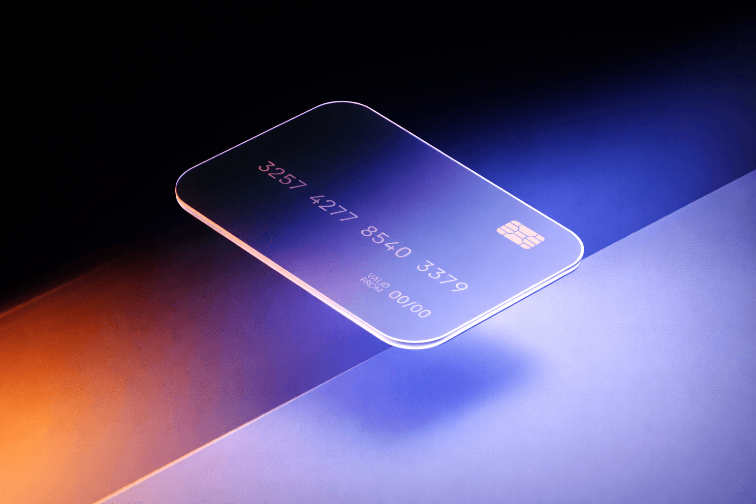 Visual ATMOS con tarjeta financiera sobre fondo azul y naranja.